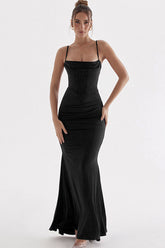 Maxi-Abendkleid mit eckigem Ausschnitt, gerüschtem Korsett und Fischschwanz - Schwarz
